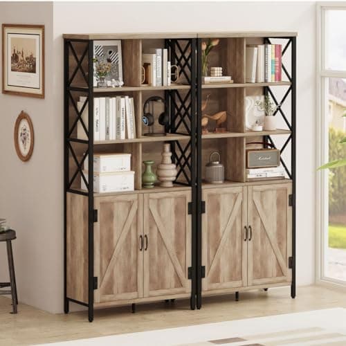 FATORRI Rustic Oak Tall Bookshelf with Doors, 67" Industrial Farmhouse Storage Organizer