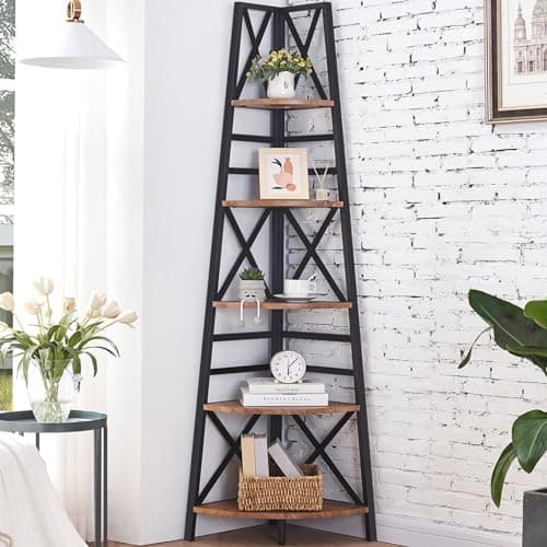 72 Inch Industrial Rustic Brown Corner Shelf Stand for Home and Office
