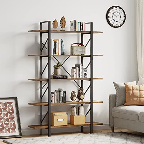 YITAHOME 5 Tier Industrial Brown Bookshelf, Large Storage Organizer for Living Room, Bedroom, Home Office