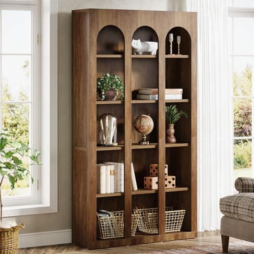 Tribesigns Walnut Brown 5-Tier Mid Century Arched Bookshelf for Home Office