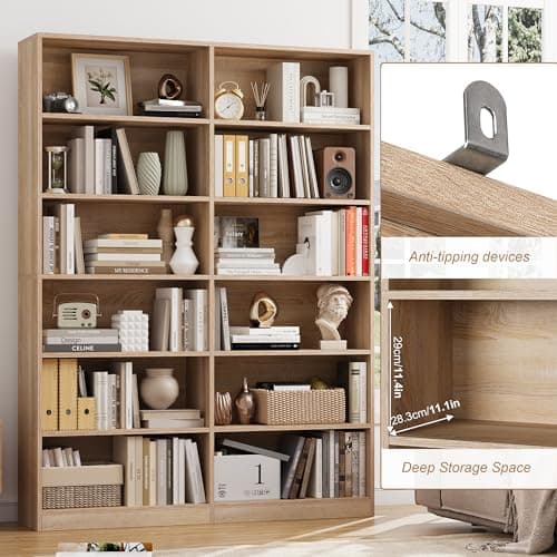 Double Wide 6-Tier Bookshelf, Tall Display Storage, Light Oak Home Decor