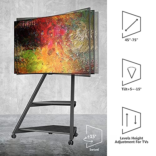 FITUEYES Eiffel Series Corner TV Stand with Wheels, Black, for 43-75 Inch TVs
