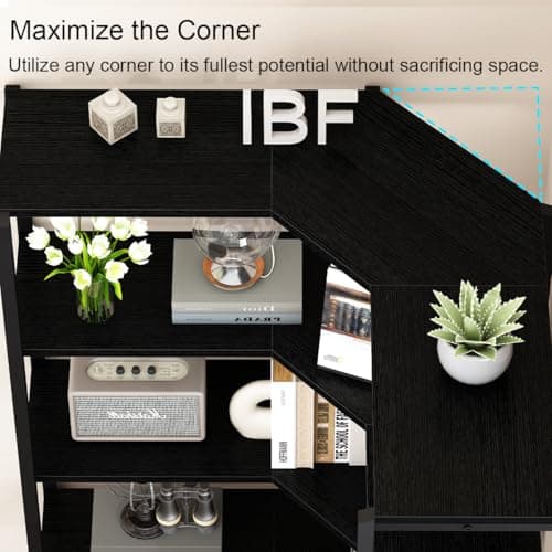 IBF 5-Tier Black Corner Bookshelf, Modern L-Shaped Storage Organizer