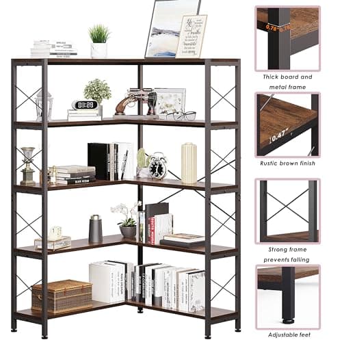 Industrial 5-Tier L-Shaped Bookcase with Metal Frame for Living Room and Office