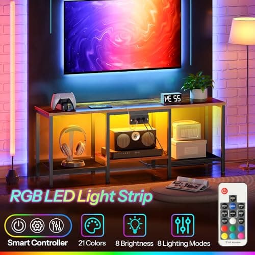 HOOBRO 55 Inch TV Stand with Charging, LED Entertainment Center, Rustic Brown