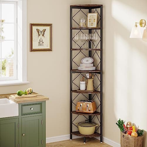 7-Tier Extra Tall Industrial Wood Corner Shelf for Small Spaces