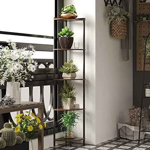 SUNMORY 5-Tier Corner Shelf Stand, Industrial 65" Living Room Display Organizer