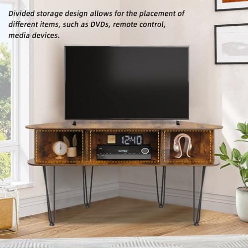 Corner TV Stand with Open Storage and Cable Hole, Brown