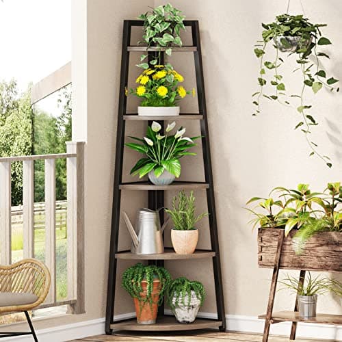 Tribesigns Grey 5 Tier Industrial Corner Ladder Shelf, 70 Inch Tall, Ideal for Living Room, Kitchen, Home Office