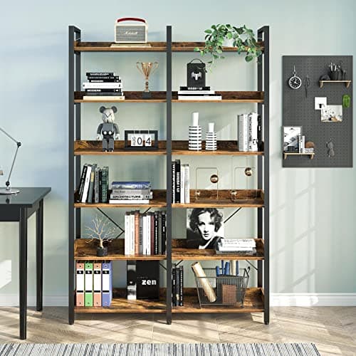 Industrial Wooden 6 Tier Bookshelf with 4 Hooks, Vintage Storage Rack, Rustic Brown