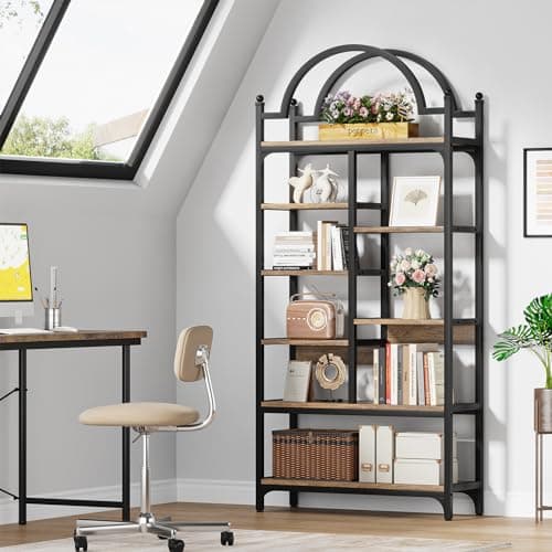 8-Tier Industrial Arched Bookshelf, 71 Inch Tall, Rustic Brown, Ideal for Living Room, Bedroom, and Home Office
