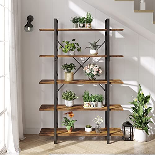 YITAHOME 5 Tier Industrial Brown Bookshelf, Large Storage Organizer for Living Room, Bedroom, Home Office