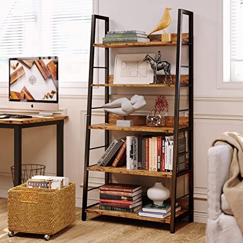 IRONCK 5-Tier Rustic Brown Ladder Shelf Bookcases for Living Room and Home Office