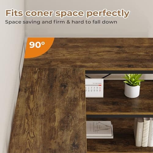 7-Tier Industrial Corner Bookshelf with Fabric Drawers - Rustic Brown