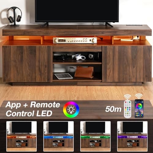 HOMMPA Walnut TV Stand with Power Outlets for 70/65/60/55-inch TVs Gaming Center with Storage
