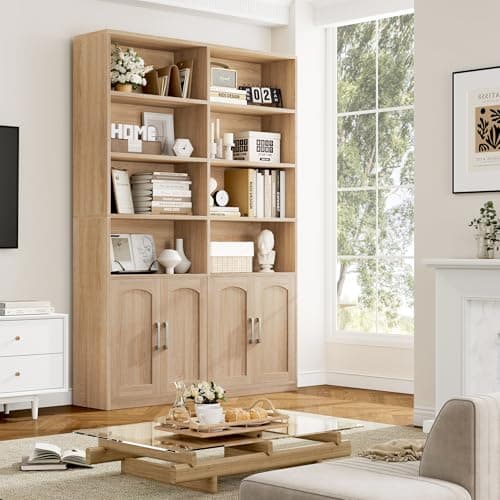 Double Wide Large 6 Tier Oak Bookshelf with Doors and Storage Cabinets