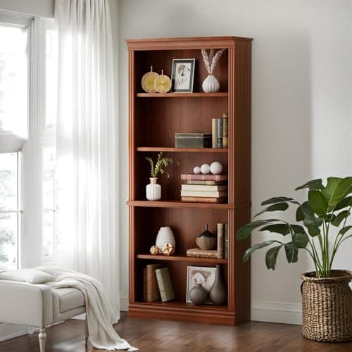 Furniwell Cherry 5-Shelf Tall Wood Bookcase, Large Storage for Library, Bedroom, Living Room