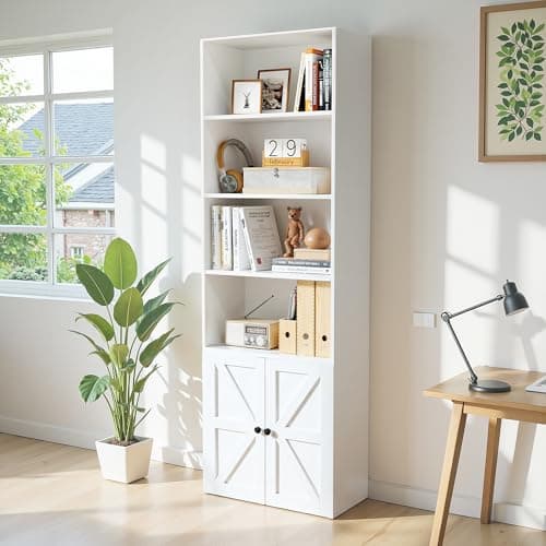 YESHOMY 72" Tall Bookshelf with Doors & 6-Tier Storage, White