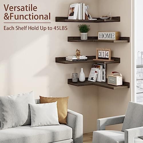 Rustic Dark Brown Floating Corner Shelves Set of 4 for Wall Décor Storage