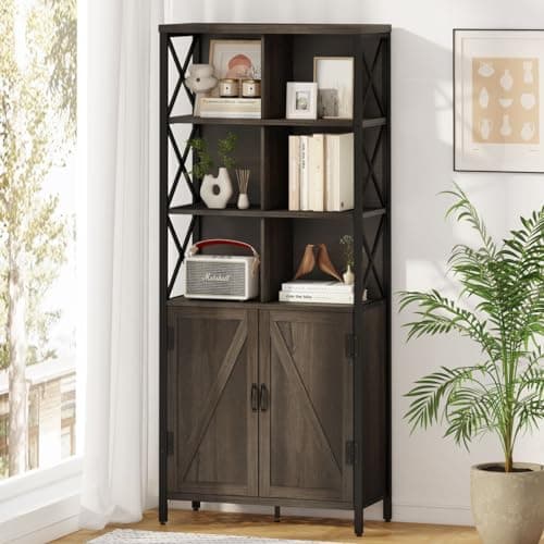 FATORRI Rustic Oak Tall Bookshelf with Doors, 67" Industrial Farmhouse Storage Organizer