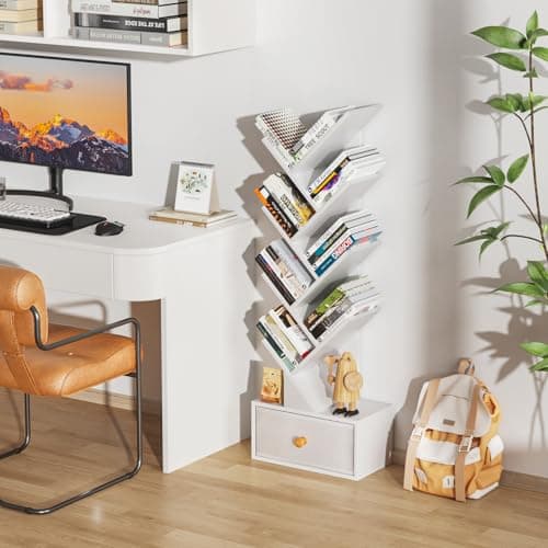 White 8-Tier Tree Bookshelf with Drawer, Free-Standing Wood Bookcase