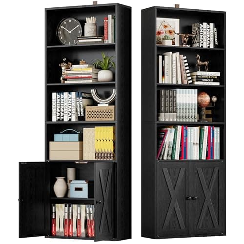 Industrial Bookshelves Set of 2 with Doors and 6 Shelves for Home Office and Living Room