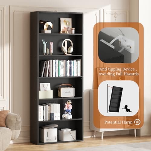 Vongrasig 6-Tier Black Floor Standing Wood Bookcase 71" Tall Home Office Living Room Bed Room Decor