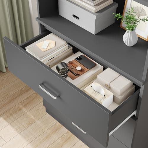 Fotosok 71" Tall Dark Grey Bookshelf with Drawers & 3-Tier Shelves for Home Office