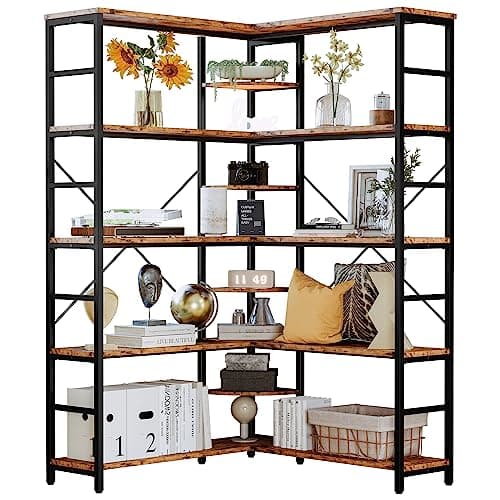 IRONCK 5-Tier Curved Corner Bookcase, Black, for Living Room and Home Office