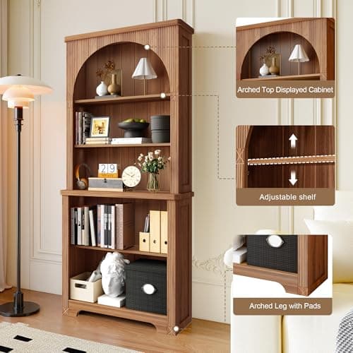 71" Tall Arched Bookshelf with Adjustable Shelves for Living Room and Home Office
