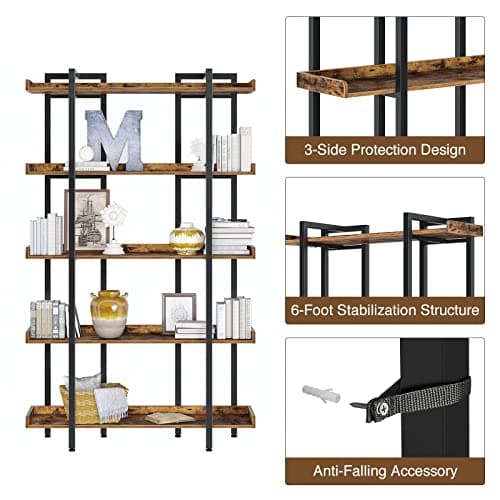 Rolanstar 5-Tier Industrial Bookshelf, Large Rustic Brown Home Office Shelf