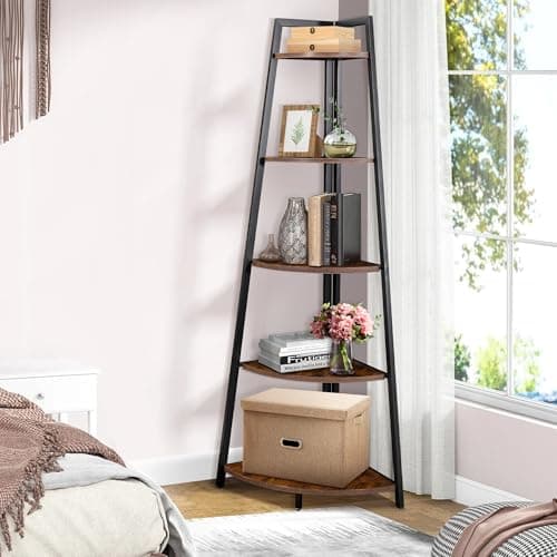 70" Tall Rustic Brown 5 Tier Corner Shelf for Books, Plants, Storage