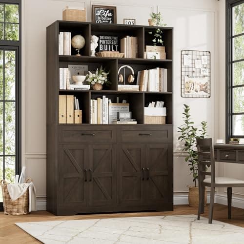 HOSTACK 71" Tall Dark Brown Bookcase with Drawer and Door