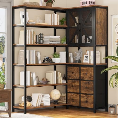 Industrial 6 Tier Bookshelf with Fabric Drawers - Large Corner L-Shaped Shelf - Rustic Brown