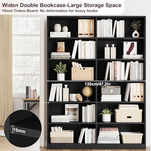 Double Wide 6-Tier Bookshelf, Tall Home Decor Bookcase, Black