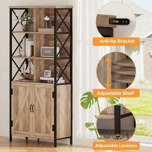 FATORRI Rustic Oak Tall Bookshelf with Doors, 67" Industrial Farmhouse Storage Organizer