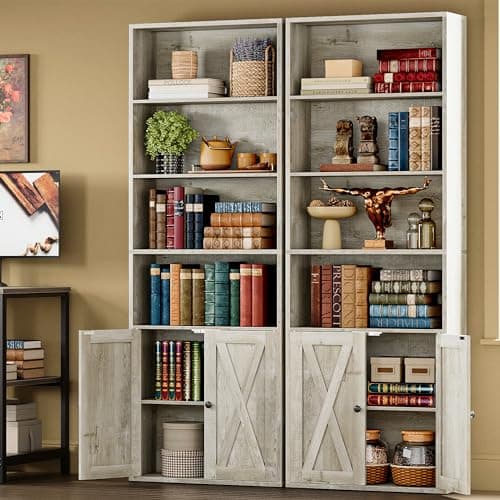 IRONCK 2pcs 6- Shelf Tall Bookcase with Doors for Home Office and Living Room
