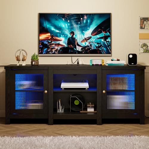 65-inch TV Stand with Power Outlet and LED Light, Black
