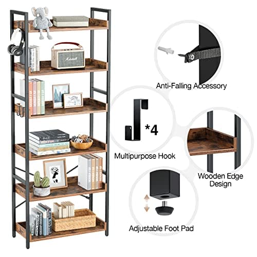 Rolanstar Industrial 6-Tier Bookshelf with Hooks, Rustic Brown for Living Room, Bedroom