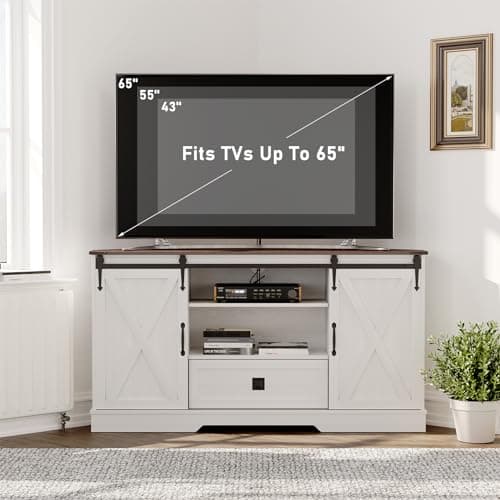 Corner TV Stand for 65 TV with Sliding Barn Door - White Wood Media Console, 58x15.7x31H