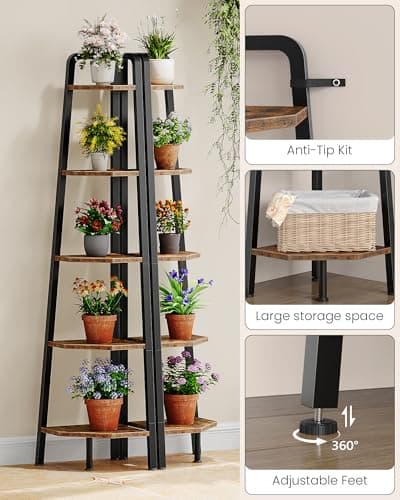 5-Tier Ladder Corner Shelf, 59.6" Tall, Rustic Brown and Black TCJ20BF
