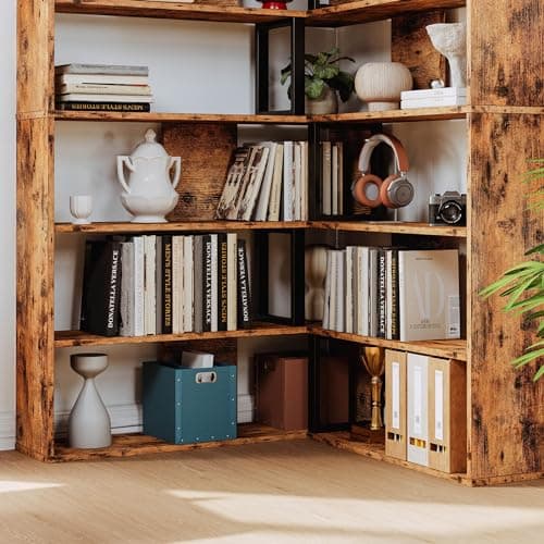 IRONCK 6-Tier Industrial Brown Corner Bookshelves for Home Office and Living Room