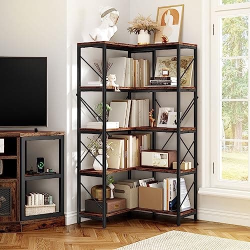 YITAHOME Industrial 5 Tier Corner Bookshelf, Large Rustic Brown Display Rack