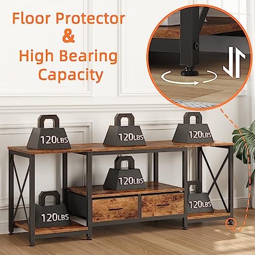 Rustic Brown TV Stand with Fabric Drawers for 65-75 Inch TVs - Entertainment Center with Open Storage Shelves for Living Room and Bedroom