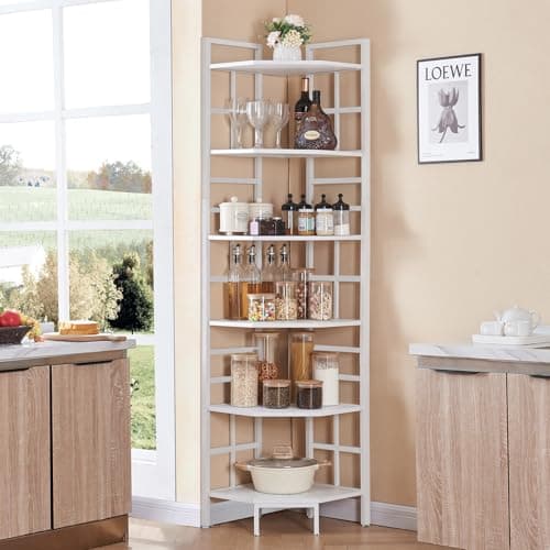 HOMISSUE Industrial Corner Bookshelf, 6 Tier White Storage