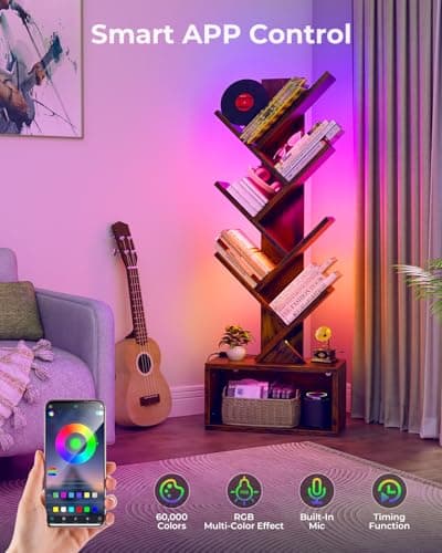 Rustic Brown 6-Tier LED Bookshelf with Music Sync & Remote Control