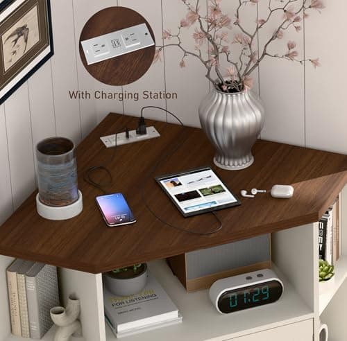 Industrial Corner Cabinet with USB Ports Off White 6-Cubby Bookshelf