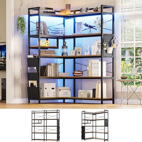 Itaar Corner Bookshelf with Pegboard & LED Light, Black 63" W
