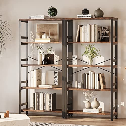 Vintage Brown 5-Tier Iron Bookcase, 31.5in Wide Shelf, Bedroom & Living Room