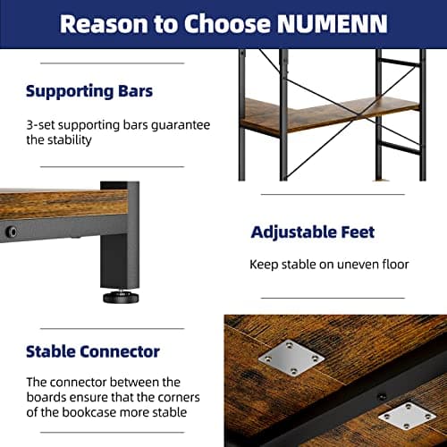 NUMENN 5 Tier Corner Bookshelf, Modern Tall Storage Display for Home Office, Living Room & Bedroom